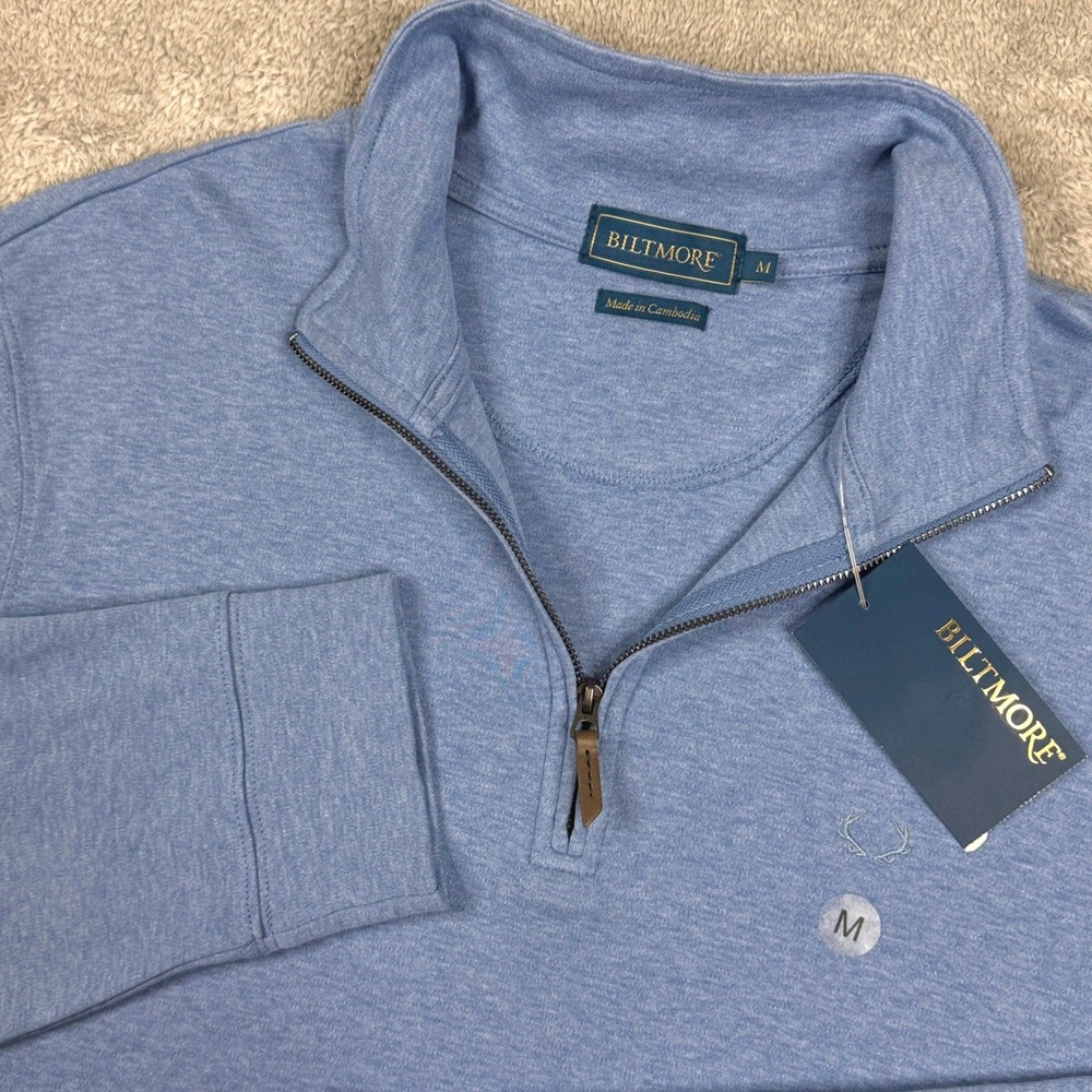 NWT Biltmore Mens Quarter Zip Pullover‎ Soft Blue Heathered Cotton Sweater Sz. M